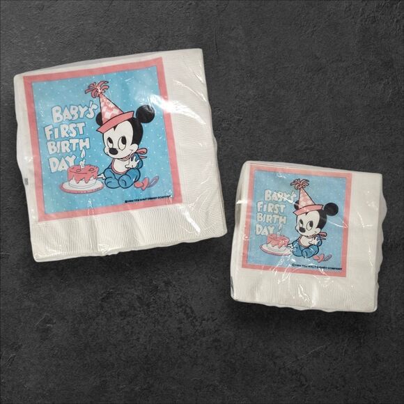 Vintage Disney Baby’s First Birthday Mickey Mouse Napkins Set of 2 1984 Licensed - Picture 1 of 8